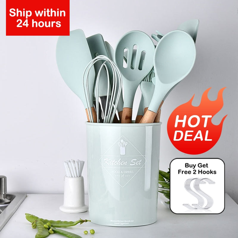 12PCS Silicone Kitchenware Cooking Utensils Set Heat Resistant Kitchen Non-Stick Cooking Utensils Baking Tools With Storage Box