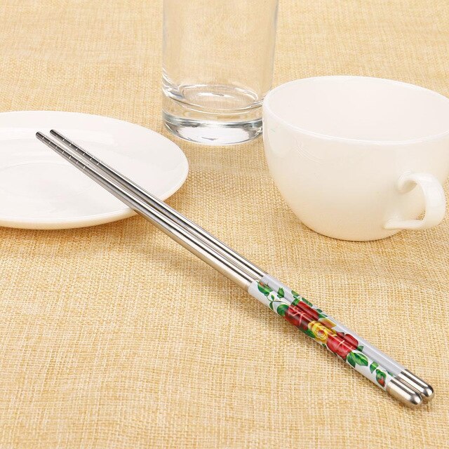 1Pair High Quality Chinese Style Length White Flower Pattern Stainless Steel Chopsticks Pair New Portable Chop Sticks