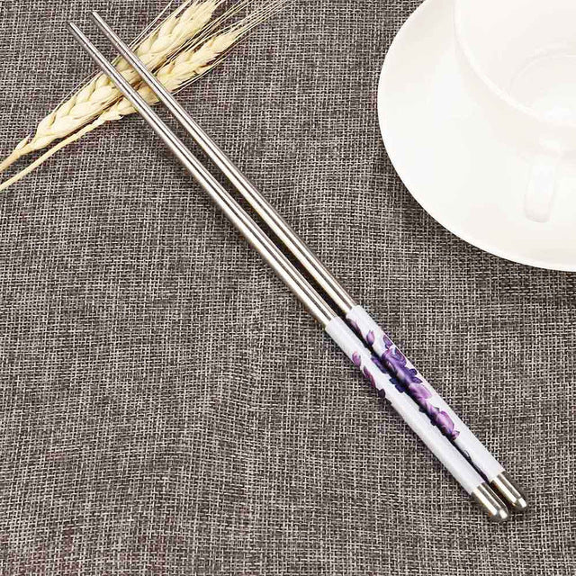 1Pair High Quality Chinese Style Length White Flower Pattern Stainless Steel Chopsticks Pair New Portable Chop Sticks